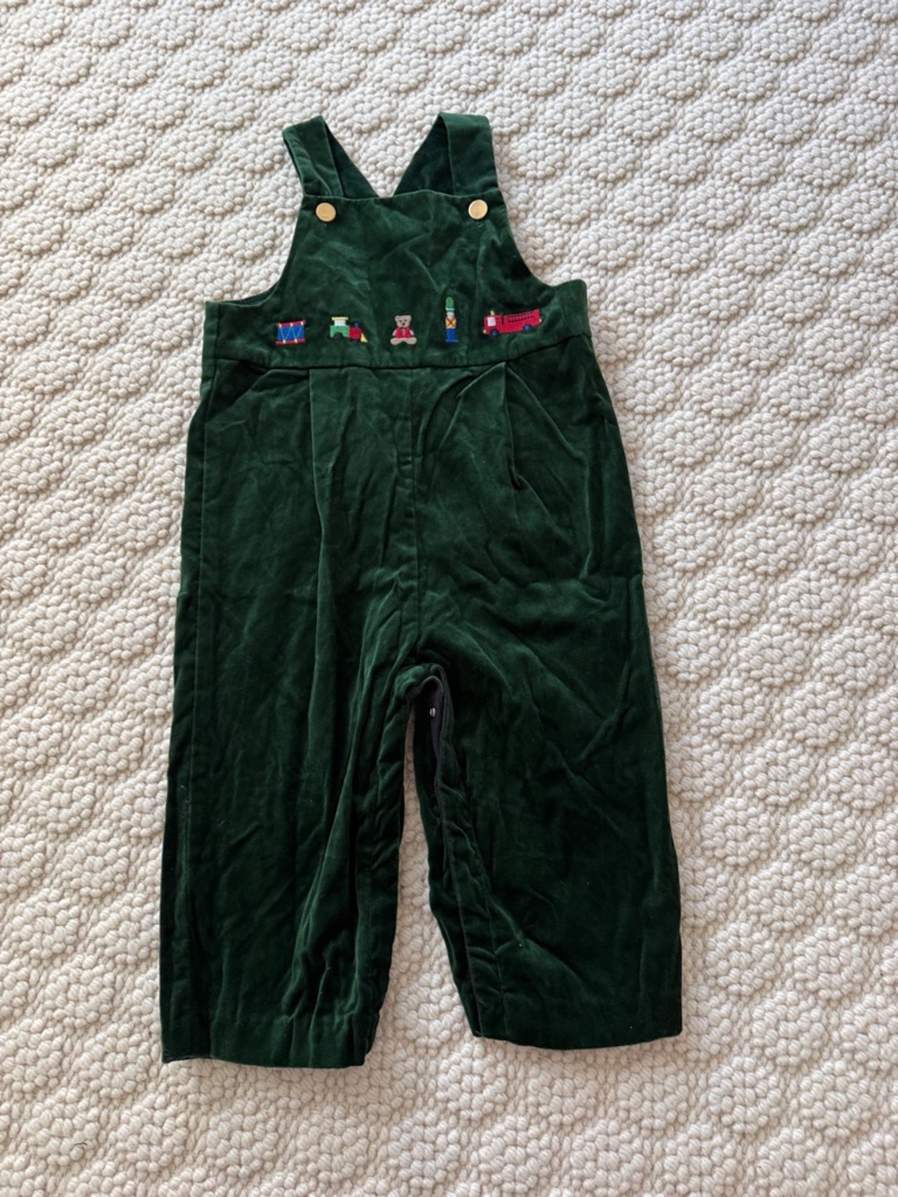 Florence Eiseman Baby Boy Green Velvet Overalls with Embroidered Holiday Toys